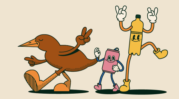 Illustration of Hemi the kiwi recycling rubbish